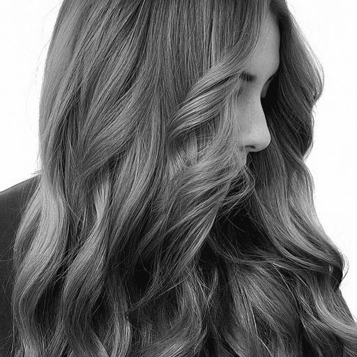 Close-up of a woman with long, wavy, light brown hair against a white background.
